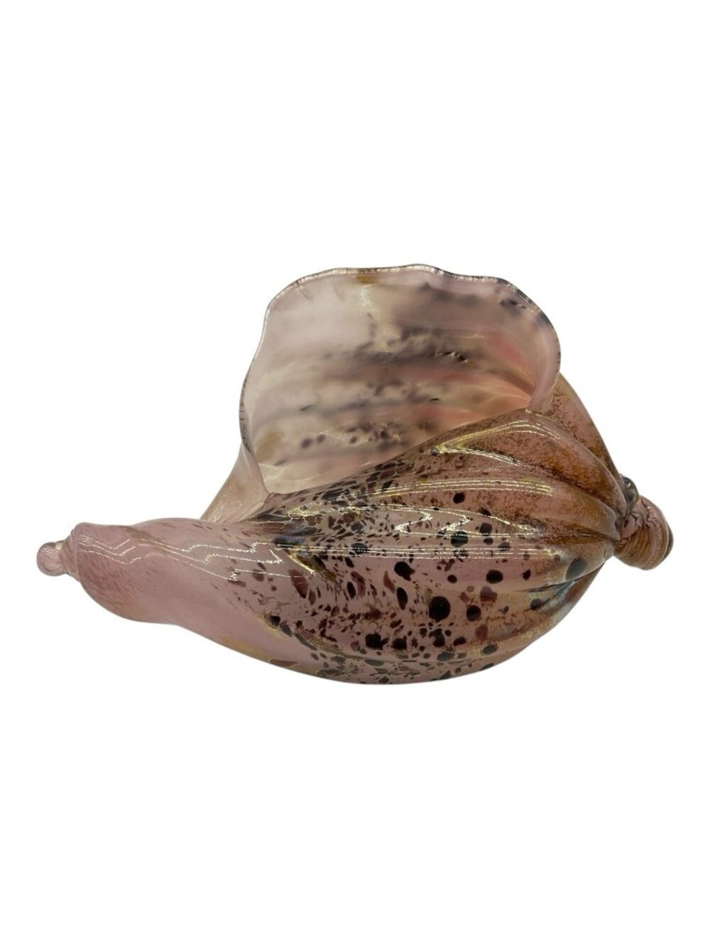Hand Blown And Sculptured Art Glass Vintage Sea Shell in Pinks, Black, and Gold